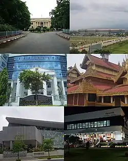 Left:Mandalay University, Mandalay District Court, Mandalay Convention Center, Right:Mandalay Thiri Stadium, Mandalay Palace, Mandalay National Theater (all item from above to bottom)