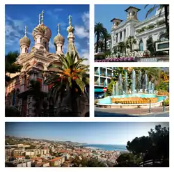 Clockwise from top left: Sanremo Russian style Orthodox Church; Sanremo Casino; Zampillo Fountain (Fontana dello Zampillo); panoramic view of downtown Sanremo, Teatro Ariston, Portosole yacht harbour and Ligurian Sea