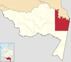 Location of the municipality and town of La Pedrera, Amazonas in the Amazonas Department of Colombia