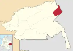 Location of the municipality and town of Cacahual in the Guainía Department of Colombia. It is located at 3° 8' 2" North, 67° 46' 32" West.