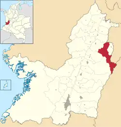 Location of the municipality and town of Sevilla, Valle del Cauca in the Valle del Cauca Department of Colombia.