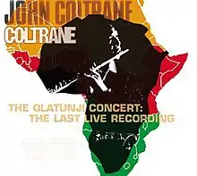 A green, yellow, and red outline of continental Africa on a white background includes a black-and-white inset of Coltrane playing flute.