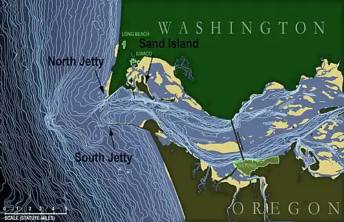 A map of the Columbia River mouth, with Sand Island labeled