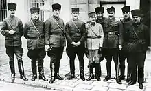 Commanders of Turkish Army, from left to right: Mirliva Âsım (Gündüz), Mirliva Ali Hikmet (Ayerdem), Ferik Ali Sait (Akbaytogan), Mirliva Şükrü Naili (Gökberk), Mirliva Kazım (İnanç), Ferik Fahreddin (Altay), Mirliva Kemalettin Sami (Gökçen), Mirliva Cafer Tayyar (Eğilmez), Mirliva İzzettin (Çalışlar).