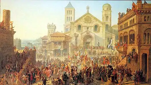 The Romanesque or Ottonian cathedral in 1055 imagined by Auguste Migette (1862)