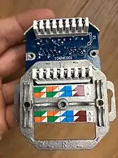 Eight-position eight-conductor wall socket internals showing T568A and T568B termination schemes