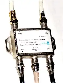 F connectors attached to a 4-way DiSEqC switch.