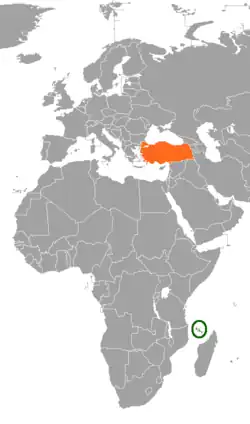 Map indicating locations of Comoros and Turkey