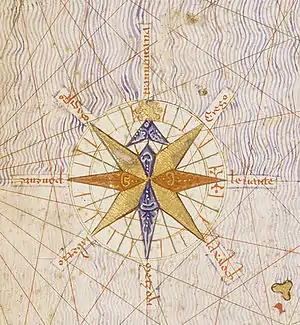 First ornate compass rose depicted on a chart, from the Catalan Atlas (1375), with the Pole Star as north mark.