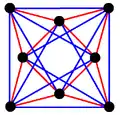 3{3}3,  or , with 8 vertices in black, and 8 3-edges colored in 2 sets of 3-edges in red and blue