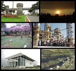 Images of the city of Paulínia: above, left, Medieval Gate; above, right, sunset near rural areas on the border with Cosmópolis; center, left, animals from the ecological park; center, right, Replan employees meeting former president Lula; below, left, the Municipal Theater; and below, right, historical image of workers opening the way for the railroad.