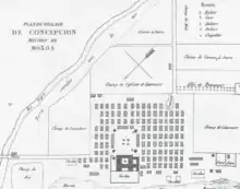 Plan of a settlement with French labels showing buildings, fields, a river, lakes and roads laid out as described in the text.