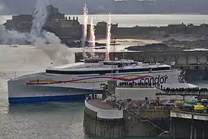 Condor Liberation arriving at Saint Helier Harbour in Jersey, Channel Islands.