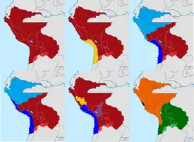 Image 16
Dissolution of Peru-Bolivia:
  Peru-Bolivia  Controlled by the United Restoration Army  First Provisional Government of Peru  Northern Peruvian Republic  Second Provisional Government of Peru  Provisional Government of Bolivia  New Peruvian State  New Bolivian State  Controlled by the United Restoration Army during the restoration  De facto borders after the dissolution  Disputed between Peru-Bolivia and Argentina  Disputed between Bolivia and Argentina
 (from History of Peru)