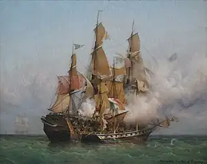 Image 6Kent battling Confiance, a privateer vessel commanded by French corsair Robert Surcouf in October 1800, as depicted in a painting by Garneray (from Piracy)