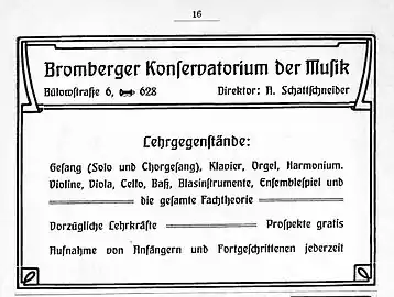 Advert. for Bydgoszcz Music Conservatoire ca 1906