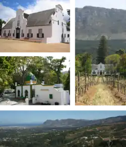 Top left: Groot Constantia. Middle left: The kramat of Sheik Abdurachman Matebe Shah in Klein Constantia. Right: The Cape Dutch homestead at Buitenverwachting. Bottom: a view of Constantia from Constantia Neck.