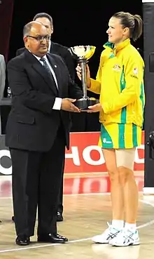 5 September 2010; Anand Satyanand, presents the Constellation Cup to the Australia captain, Sharelle McMahon