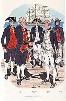 Image 57The official Navy officer uniform of 1776 had red lapels and a red waistcoat. The unofficial uniform of 1777, worn by many officers, had white lapels and a white waistcoat, and in addition non-regulation epaulets. From left to right: Lieutenant, Captain (with irregular red buttonhole on the collar), Midshipman, "Commodore" John Paul Jones (with two epaulets). (from Continental Navy)