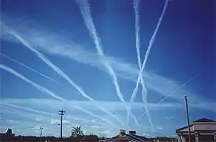 Image 33Water vapor contrails left by high-altitude jet airliners. These may contribute to cirrus cloud formation. (from Aviation)