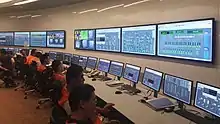 People sitting at a row of desks facing both desktop screens and large wall screens