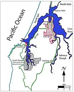 A map of Coos Bay, with key locations labelled. This map is based on figure 1.20 from Rumrill, (2008). "The Ecology of the South Slough Estuary: Site Profile of the South Slough National Estuarine Research Reserve."