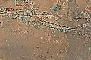 Map of Coprates quadrangle showing details of Valles Marineris, the largest canyon system in the solar system.  Some of the canyons may have once been filled with water.  The map shows the locations of a number of major Chasma.