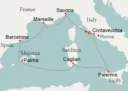 Route of Mediterranean cruise from Civitavecchia and back. Arrow: journey on first leg; star: impact with reef.