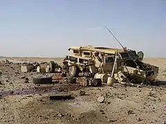 Force Protection's Cougar hit by an Improvised explosive device (IED) in Iraq; all crew survived.