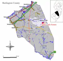 Map of Country Lake Estates CDP in Burlington County. Inset: Location of Burlington County in New Jersey.