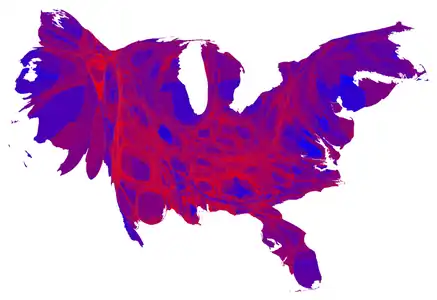 Cartogram of popular vote by county shaded on a scale from red/Republican to blue/Democratic where each county has been rescaled in proportion to its population.