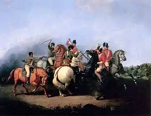 A close-up of a cavalry melee on large horses with sabers and pistols drawn; Three redcoats center-right are engaging two Patriots in blue along with an African-American in a brown linen shirt and white pants, with his pistol drawn and leveled at a redcoat.