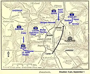 Map shows Battle of Jonesborough at 5 pm on 1 September 1864.