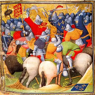 Mounted combat with swords at the Battle of Crécy (1346), Grandes Chroniques de France  fol. 152v, c. 1415.