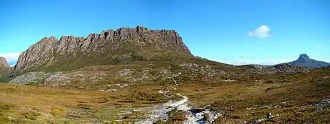 Panorama from west, showing Cradle Mountain and, in the distance, Barn Bluff