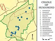 A map of the Cradle of Humankind with 15 blue dots indicating various fossil-bearing caves. Paranthropus is known from Kromdraai, Swartkrans, Sterkfontein, Gondolin, Cooper's, and Drimolen Caves