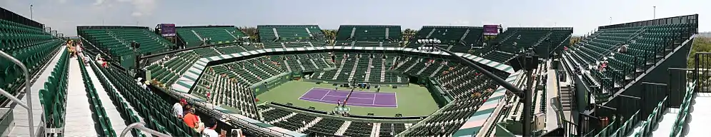 Panoramic view of Stadium Court in Tennis Center at Crandon Park, Key Biscayne, Florida, United States. Taken during the 2009 Sony Ericsson Open.