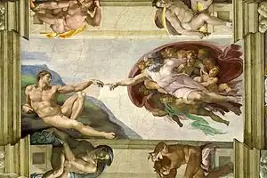 Image 17The Creation of Adam is one of the scenes on the ceiling of the Sistine Chapel of the Vatican, painted by Michelangelo sometime between 1508 and 1512. (from Culture of Italy)