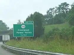 Interstate 71 exit sign for Crestwood and Pewee Valley in Kentucky.