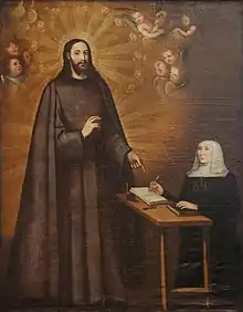 Devotional painting of Christ dressed as a Jesuit, speaking to Marina de Escobar