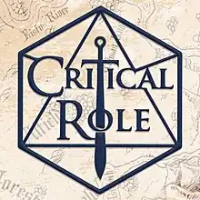 The Critical Role logo in a dark blue-gray color. Horizontal and central is the text "Critical Role", which uses an all-caps, serif font and the first letter of each word is sized larger than the rest of the word. Vertical and central is the silhouette of a sword, which bisects the text element. This sword replaces the letter T within critical, and passes through the letter O of role. Surrounding these elements is the outline of a twenty sided die. The logo has been placed on a background that resembles an antique, hand-drawn map that is cream in color with text and illustrations of rivers and forests both in a light gray color.