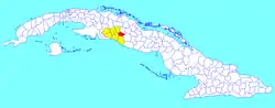 Cruces municipality (red) within  Cienfuegos Province (yellow) and Cuba