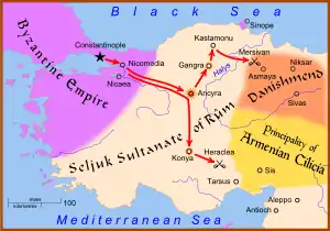 A map of western Anatolia, showing the routes taken by Christian armies during the crusade of 1101