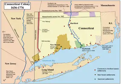 Image 10Map showing the Connecticut, New Haven, and Saybrook colonies and the CT-NY dispute (from History of Connecticut)