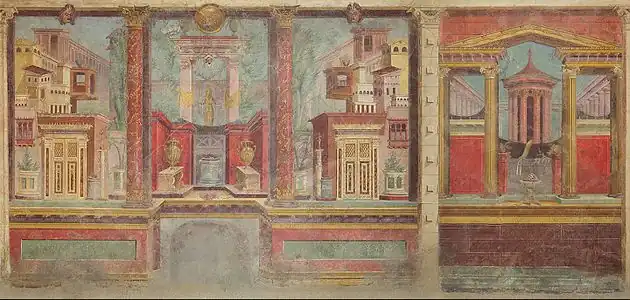 Restoration of a fresco from an Ancient villa bedroom; 50-40 BC; dimensions of the room: 265.4 x 334 x 583.9 cm; Metropolitan Museum of Art (New York City)