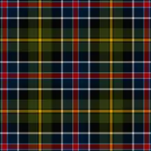 An olive-dominated tartan with a fair amount of navy blue and black, and over-checks of red (with sky-blue guard lines), yellow (guarded by black), and white