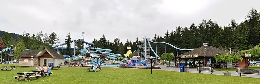 A panoramic view of Cultus Lake Waterpark, Cultus Lake, British Columbia, Canada