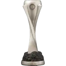 A tall silver trophy with three thick bands wrapped around a central cup. The trophy is embossed with the round CONCACAF sunbeam logo on one side; on the other is a map of the various nations comprising CONCACAF. At its base the trophy is engraved with the names of the 41 CONCACAF nations.