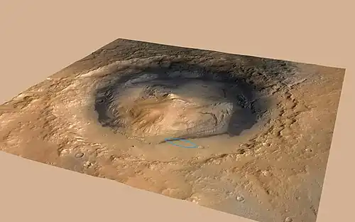 Aeolis Mons rises from the middle of Gale Crater - Green dot marks the Curiosity rover landing site in Aeolis Palus.