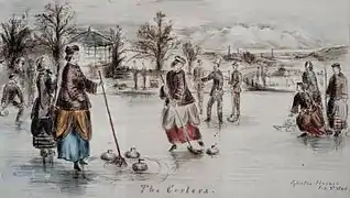 A curling match at the flushes, Eglinton Castle, Ayrshire, in 1860. The curling house is located to the left of the picture.